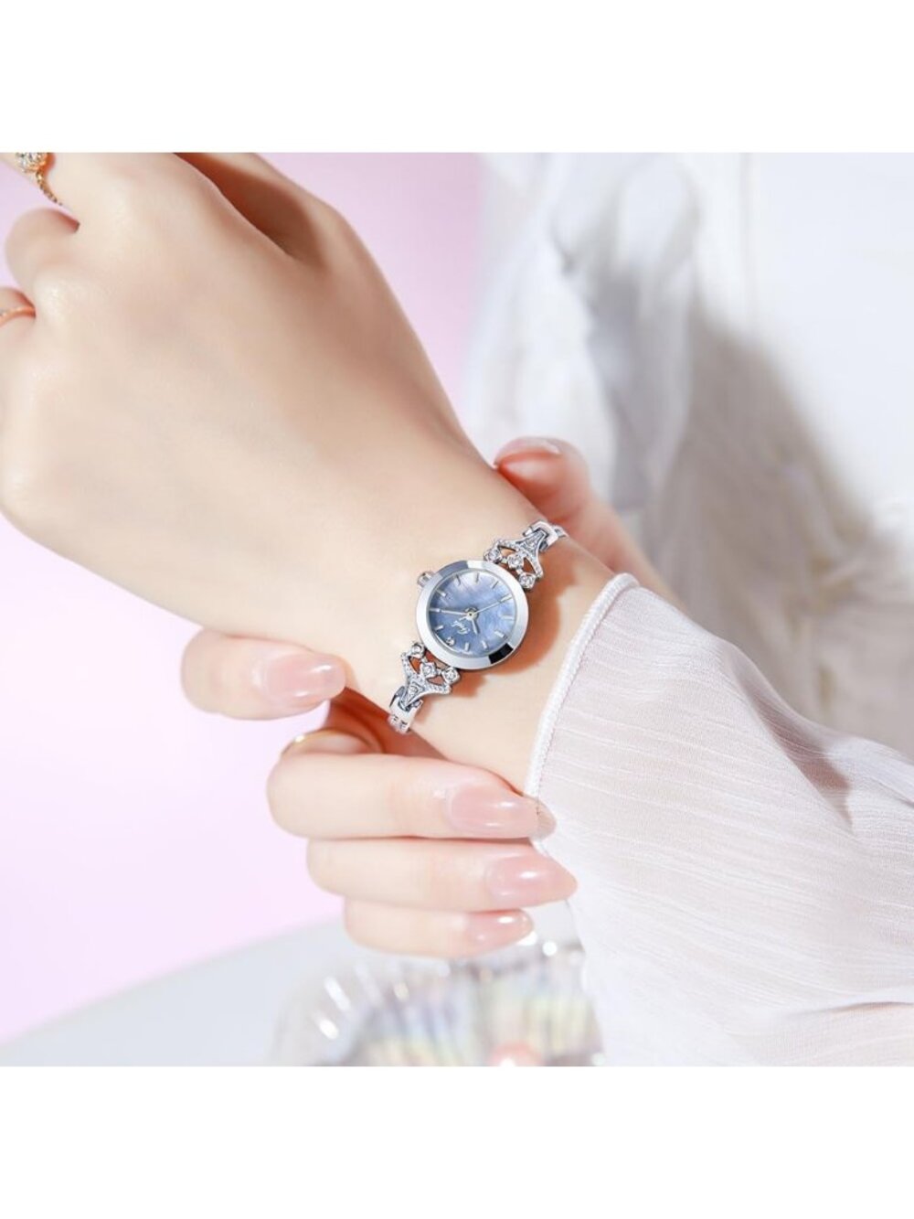 Women's Silver Blue Elegant Steel Mesh Strap Rhinestone Pearl Dial Quartz Watch - Picture 4 of 6